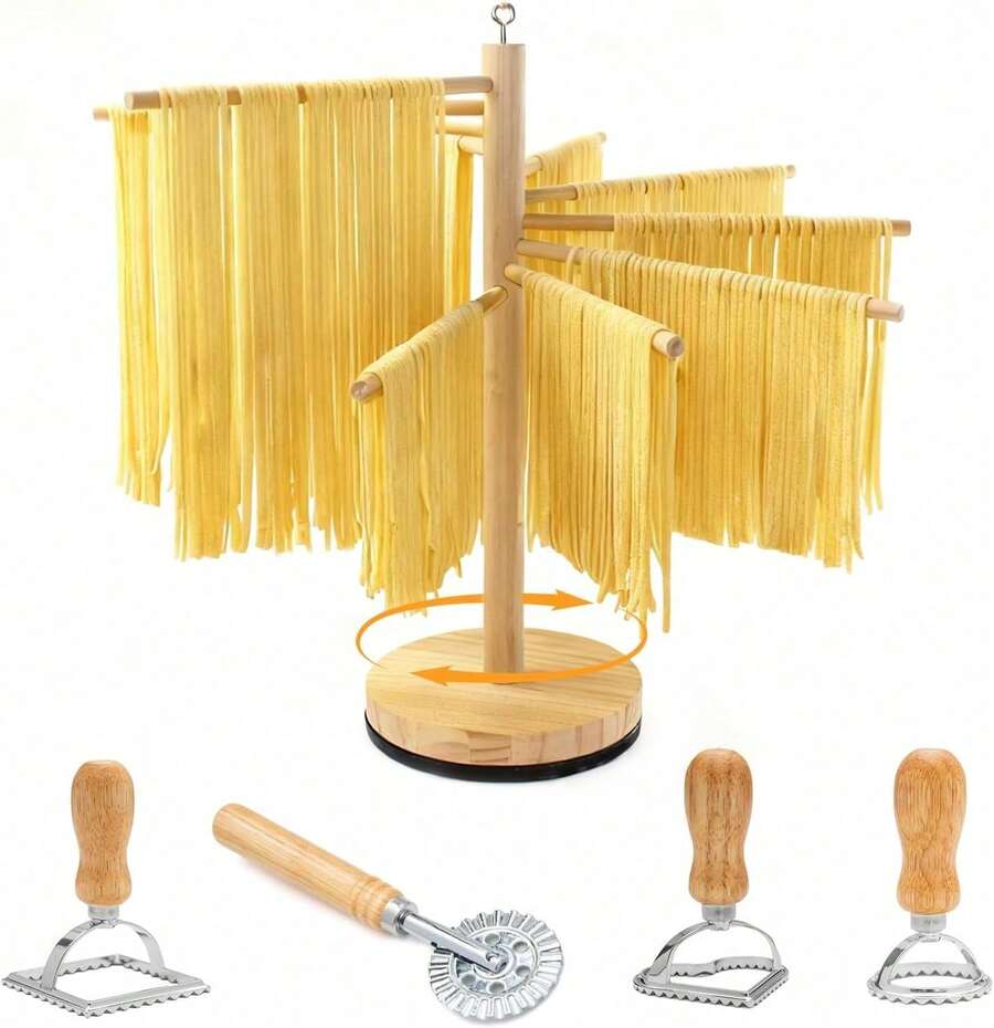Rotary Pasta Drying Rack,Detachable Wood Pasta Rack With Pasta Molds & Stamps Ravioli With Pasta Cutter Wheel (4 Pcs),Spaghetti Pasta Dryer Rack Collapsible Noodle Drying Rack Hanger Stand - View 1