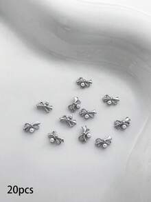 20pcs Nail Charms Nails, Nail Supplies, Mini Bow, Gold, Silver And White, Rhinestone-Encrusted Faux Pearl Nail Charms, French Style, Light Luxury, Metal Nail Supplies, Suitable For Travel, Music Festivals, And Celebrations; Shiny White Rhinestone Nail Gems, Suitable For Multi-Functional DIY Accessories. - Multicolor - View 5