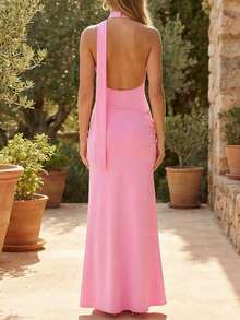 Vestido largo elegante de mujer con escote halter, color liso, sin mangas y con hombros descubiertos, ideal para fiestas, citas o noches de fiesta. - Rosa - Ver 3