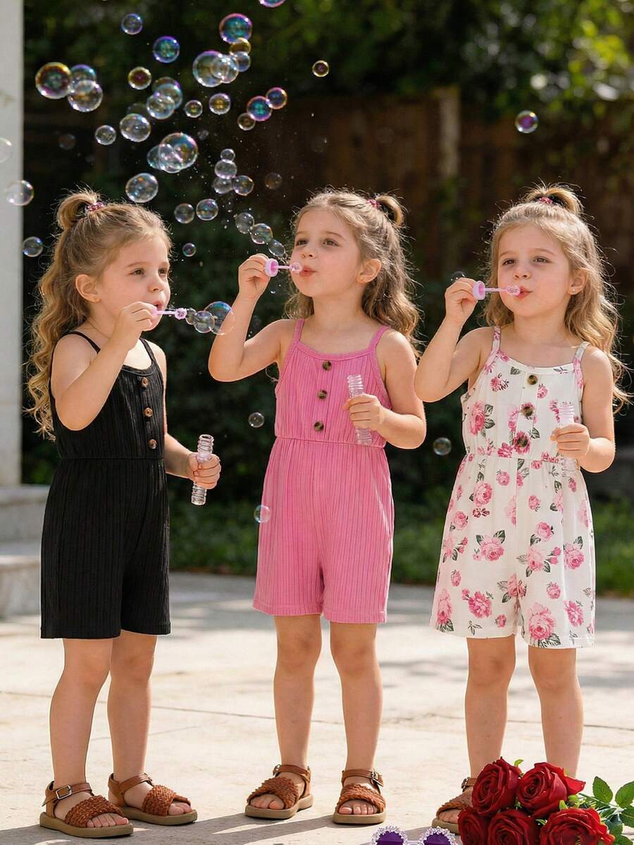 Conjunto de 3 piezas para niñas jóvenes: Camisola y shorts con estampado de flores en color liso acanalado - Rosa Fucsia - Ver 1