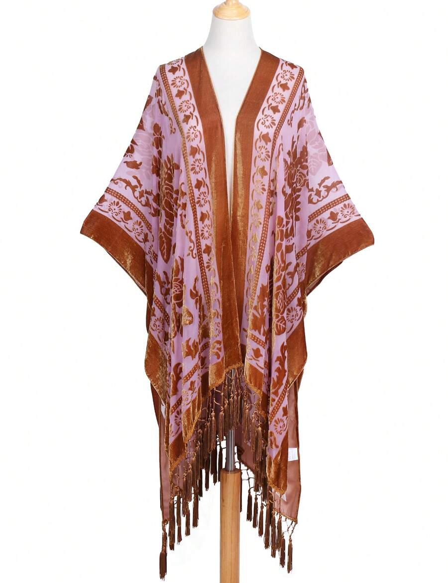 WeHello Women's Boho Burnout Velvet Kimono Long Cover Up With Tassel Casual Cardigan Shawl Flowy Fabric Beachwear Suit Womenswear Clothes Swimwear Coverups SpringStatements - 紫丁香色 - 查看 1