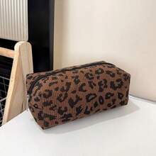 Corduroy Leopard Print Octagonal Cosmetic Bag, Travel Toiletry Pouch, Portable Earphone, Cable & Charger Organizer - Brown - View 8