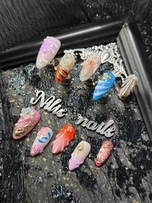 10pcs Handmade Fully Covered Almond Nails Acrylic Kit, Light Purple, Light Blue, Orange And Other Colors Of Nails, Ocean Baroque Style, Y2K Nail Art Set,Removable False Nails,Suitable For Festivals, Daily And Other Places - Multicolor - View 3