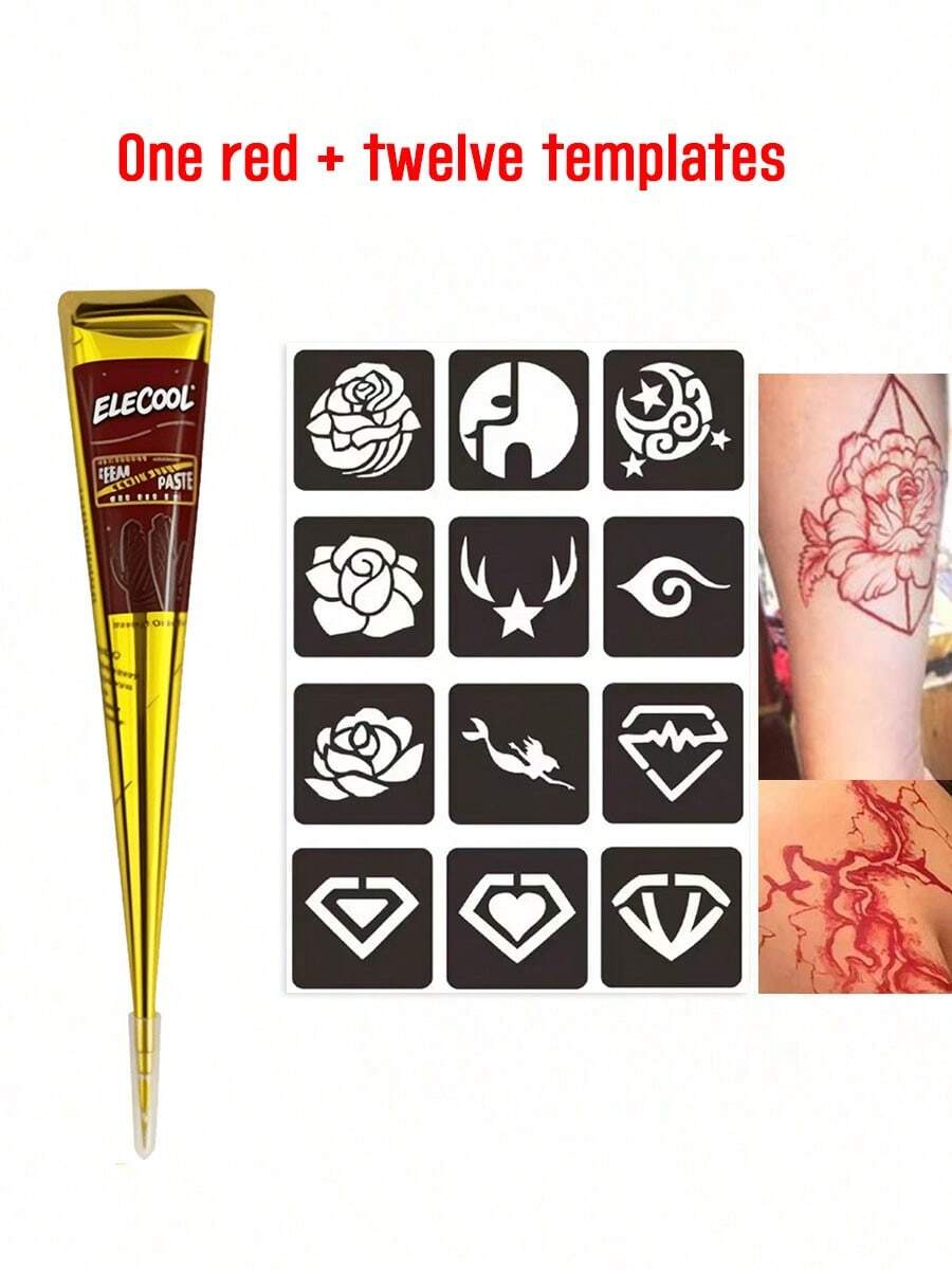 Colorful Henna Tattoo Set]High-Quality Henna Tattoos In Multiple Colors, 12 Reusable Random Stencils | Pre-Mixed Natural Henna Dye For Temporary Body Art | Waterproof And Smudge-Proof, Durable | Beginner-Friendly DIY Kit, Suitable For Parties, Festivals, Halloween, Weddings, And Henna Nights - Đỏ - Xem 1