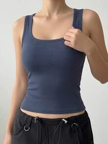 1pc Women Casual Comfortable Padded Deep Blue Square Neck Camisole Top, Slim Fit Ribbed Sleeveless Undershirt, Suitable For All Seasons - Navy Blue - View 3