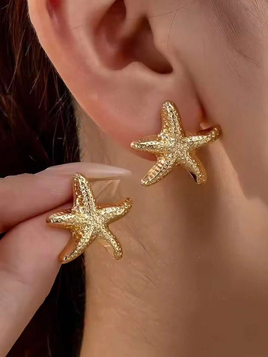 1 pieza Pendientes con forma de estrella de mar, elementos de estrella de mar exagerados, pendientes sencillos de moda para mujeres - Plateado - Ver 1