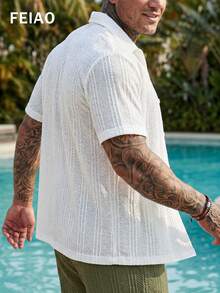 FEIAO Men's Retro American Vintage Style Solid Color Textured Fabric Short Sleeve Shirt, Semi-Sheer Soft And Comfortable, Fashionable Elegant Design Suitable For Commuting, Casual And Holiday Wear - White - View 2