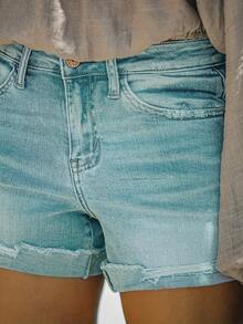 Women's Summer Solid Color Ripped Pocket Button Denim Shorts Casual - Emerald Green - View 2
