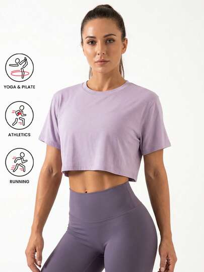 Never me Women's Casual Solid Color Round Neck Cropped Short Sleeve Top, Comfortable For Daily Wear, Fitness, Running, Pilates, Yoga
