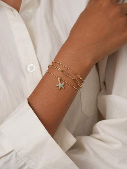 3件套女士手链套装，波西米亚夏季海滩风，包含镀金多层基础链、串珠链、卫星链、回形针链、串珠链、蓝色锆石海星吊坠，多层手链首饰套装