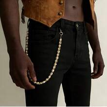 Gold Tone Pearl Beaded Chain Belt For Jeans - 21.6" Boho Waist Chain, Vintage Hip Hop Pants Chain, Fashion Accessory For Men & Women, Punk Hip Hop Wallet Chain, Stylish Bag Charm Accessory - 珍珠銅鏈褲鏈 - 查看 6