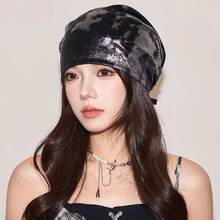 Early Autumn Liquid Silver Leopard Print Headscarf Futuristic Design Cool Hip-Hop Hot Girl Beanie Slouchy Hat - 銀黑色皮質頭巾 - 查看 8
