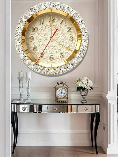 1个2D平面豪华钻石主题木质挂钟，静音装饰钟，创意挂钟，适用于卧室、客厅和办公室装饰，25/30厘米，不含电池，2D平面设计