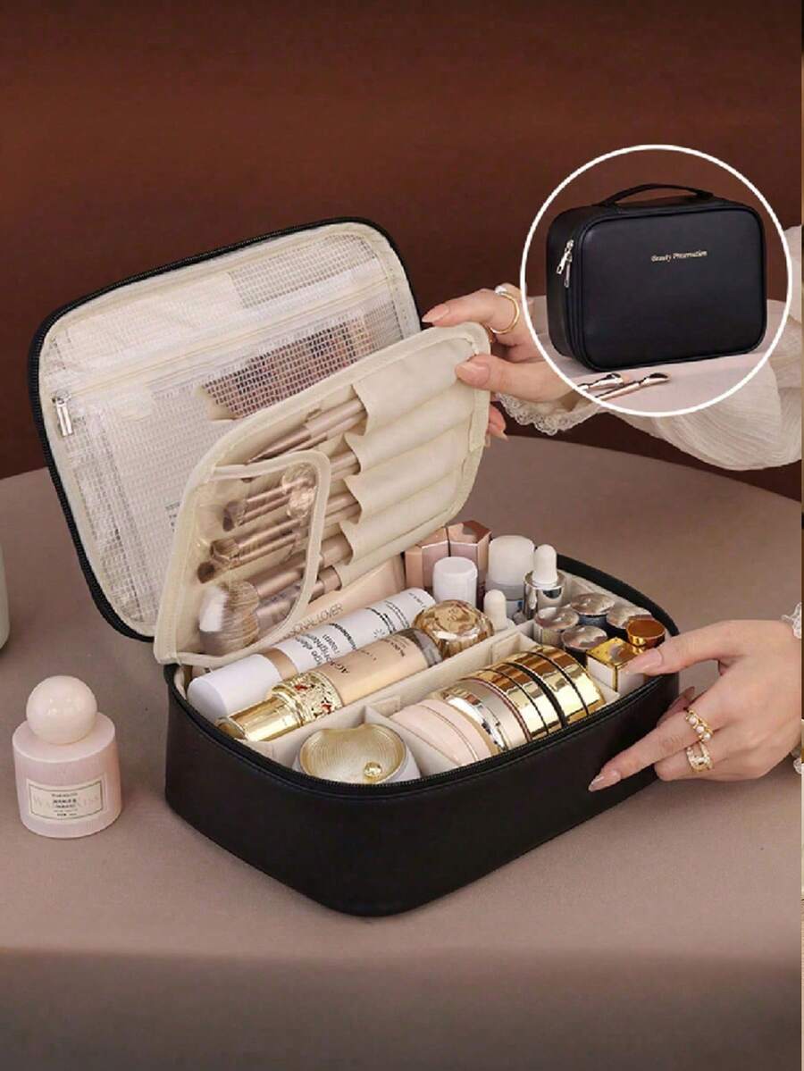 Bolsa De Maquiagem Multifuncional Para Viagem (1 Peça), Organizador De Cosméticos Com Compartimentos, Camadas Removíveis, Pu Impermeável, Grande Capacidade, Bolsa Prática Para Cuidados Com A Pele, Maquiagem, Pincéis, Pó, Batom, Ideal Para Praia, Escola, Banheiro, Férias, Dia Dos Namorados, Natal, Dia Das Mães - Presente Perfeito Para Mãe, Família E Amigos