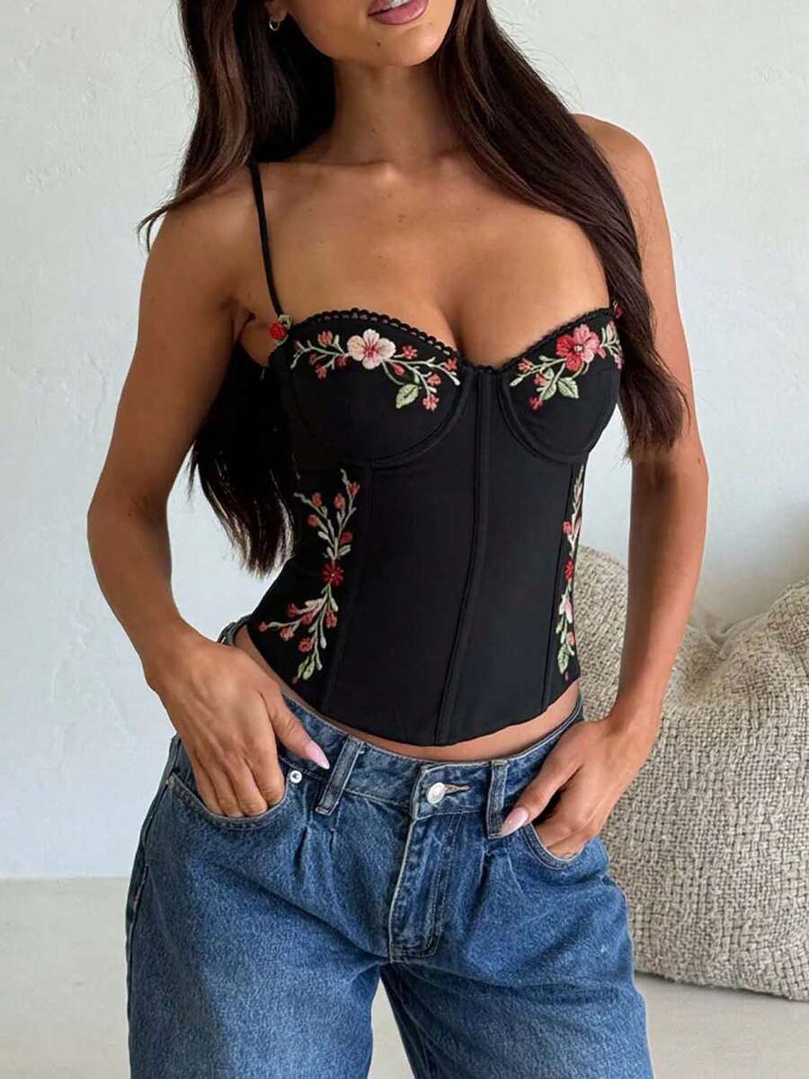 2026 New Arrival: Delicate Spaghetti Strap Embroidered Tank Top Y2K-Inspired High-Fashion Women's Wear Spring/Summer Collection - Negro - Ver 1