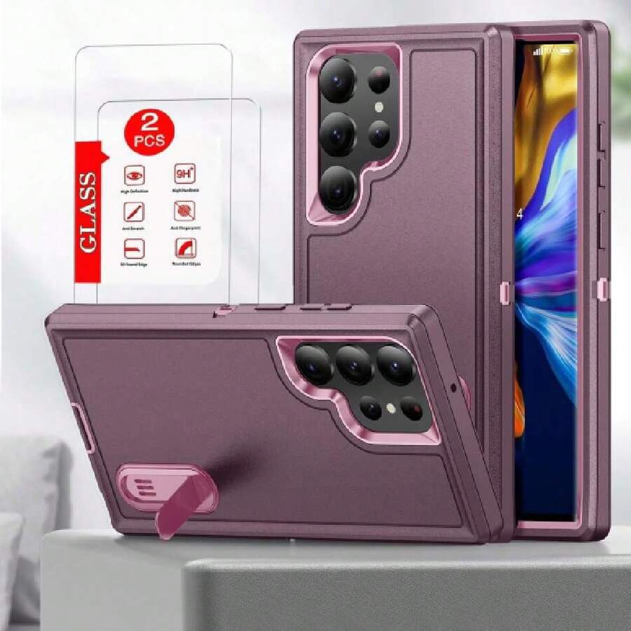 Case For Samsung Galaxy S23 Ultra Layer Case - Built-In Stand With Two Screen Protectors - Pink, 41813063 - Red Violet - View 1