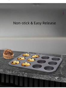 6/12-Cup Carbon Steel Muffin Pan, Non-Stick Cupcake Baking Tray, Household Pudding & Baking Tool - Black - View 3