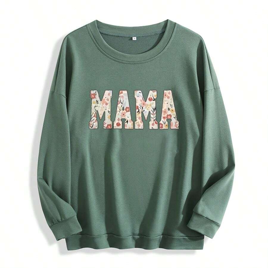 Cozy Floral MAMA Graphic Lightweight Sweatshirt, Women's Vintage Flower Mom Thin Pullover - 綠色 - 查看 1