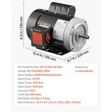 0.5 HP Electric Motor, 1725RPM Air Compressor Motor, CW/CCW Rotation, 5/8 Inch Shaft Diameter, 1.88inch Shaft Length, 2.07N.M Torque, Single-Phase, TEFC Cooling, 115V/230V, 56 Frame - 0.5HP 1725RPM Single Phase - View 7