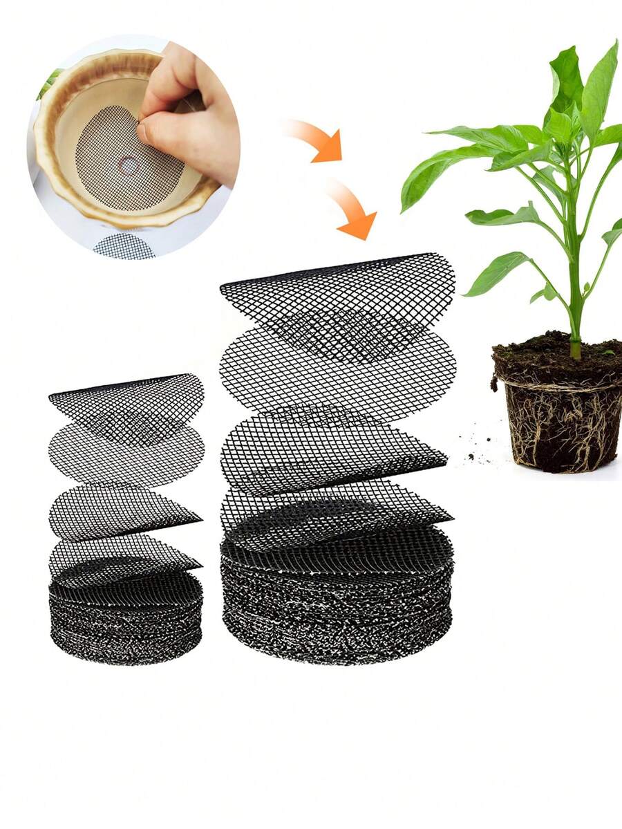 100片圆形排水孔网垫，适用于花盆，防止土壤流失和积水，植物排水网垫，花园草坪土壤保护和排水保护，盆底网垫，陶瓷深灰色防漏超大直径透气防虫塑料圆形网，盆栽植物盆底网垫，园艺用品 - A - 查看 1