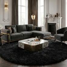 1pc Soft Black Faux Fur Round Decorative Carpet, Fashionable Home Decor, Plush Skin-Friendly Material, Fluffy & Thick, Non-Slip Bottom, Low Shedding, Easy Care, Durable Carpet Suitable For Bedroom, Living Room, Hallway, Study, Dressing Room, Balcony, Office, Etc. - Black - View 1