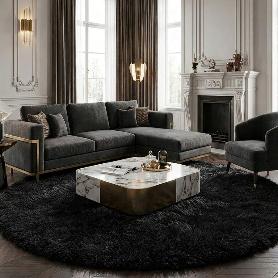 1pc Soft Black Faux Fur Round Decorative Carpet, Fashionable Home Decor, Plush Skin-Friendly Material, Fluffy & Thick, Non-Slip Bottom, Low Shedding, Easy Care, Durable Carpet Suitable For Bedroom, Living Room, Hallway, Study, Dressing Room, Balcony, Office, Etc. - Black - View 1