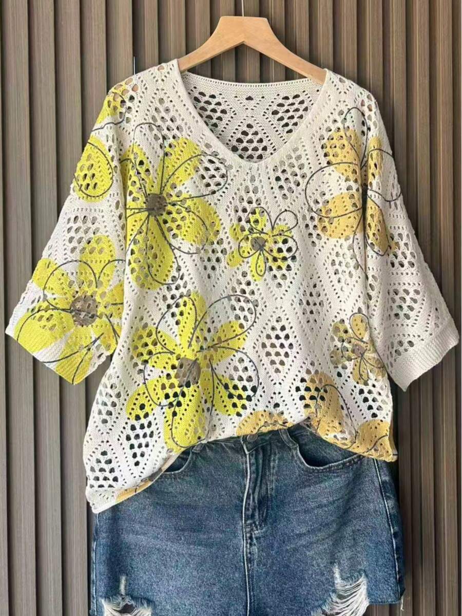 Women's Hollow Floral Print V-Neck Loose Knit Blouse, Suitable For Vacation Summer - Yellow - View 1