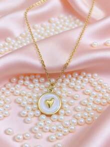 1pc Aço Inoxidável Golfinho & Branco Disco de Concha Pingente Colar, Adequado Para Uso Diário Feminino E Férias - Ouro amarelo - Ver 23