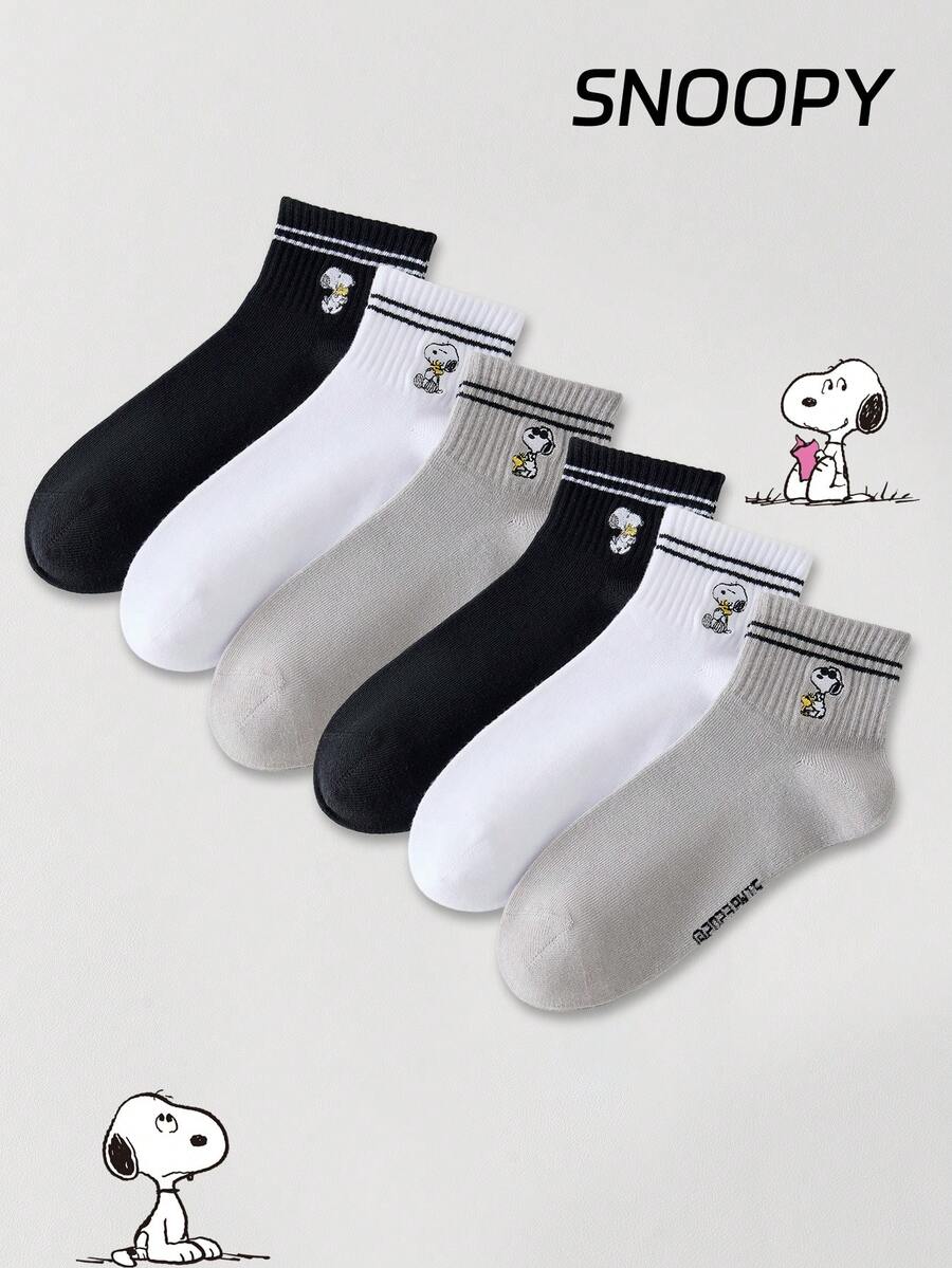 6/3/1 pares de calcetines cortos para hombre con patrón bordado auténtico de Snoopy, calcetines deportivos con diseño de dibujos animados lindos, calcetines únicos de Snoopy para hombre - Multicolor - Ver 1