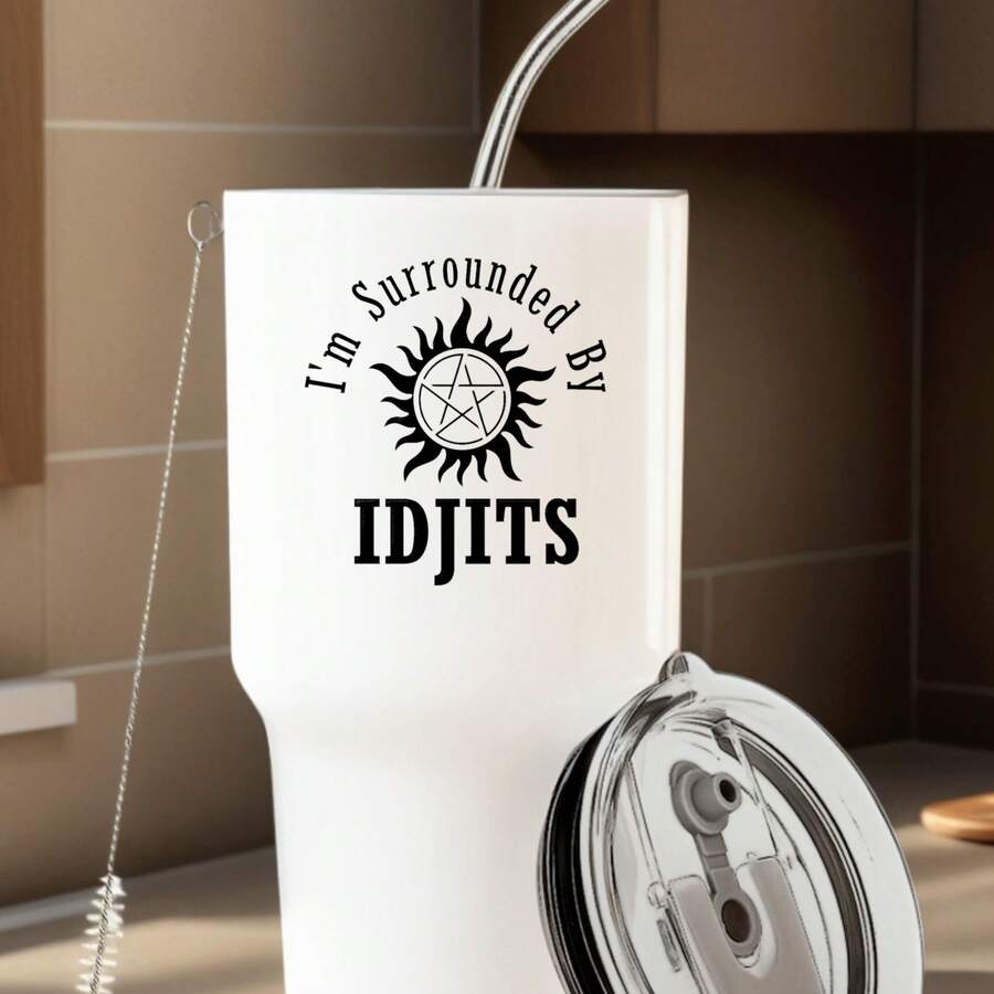 30oz Stainless Steel Tumbler Black White Options, I'm Surrounded By Idjits Graphic Cups, Insulated Travel Coffee Mug With Lid And Straw , Double Wall Vacuum Reusable Travel Cups, Funny Birthday Party Gift For Women & Men - 白色 - 查看 1