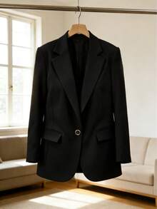 Zalla Women's Plus Size Blazer With Flap Pockets And Front Closure – Elegant Tailoring - 黑色 - 查看 1