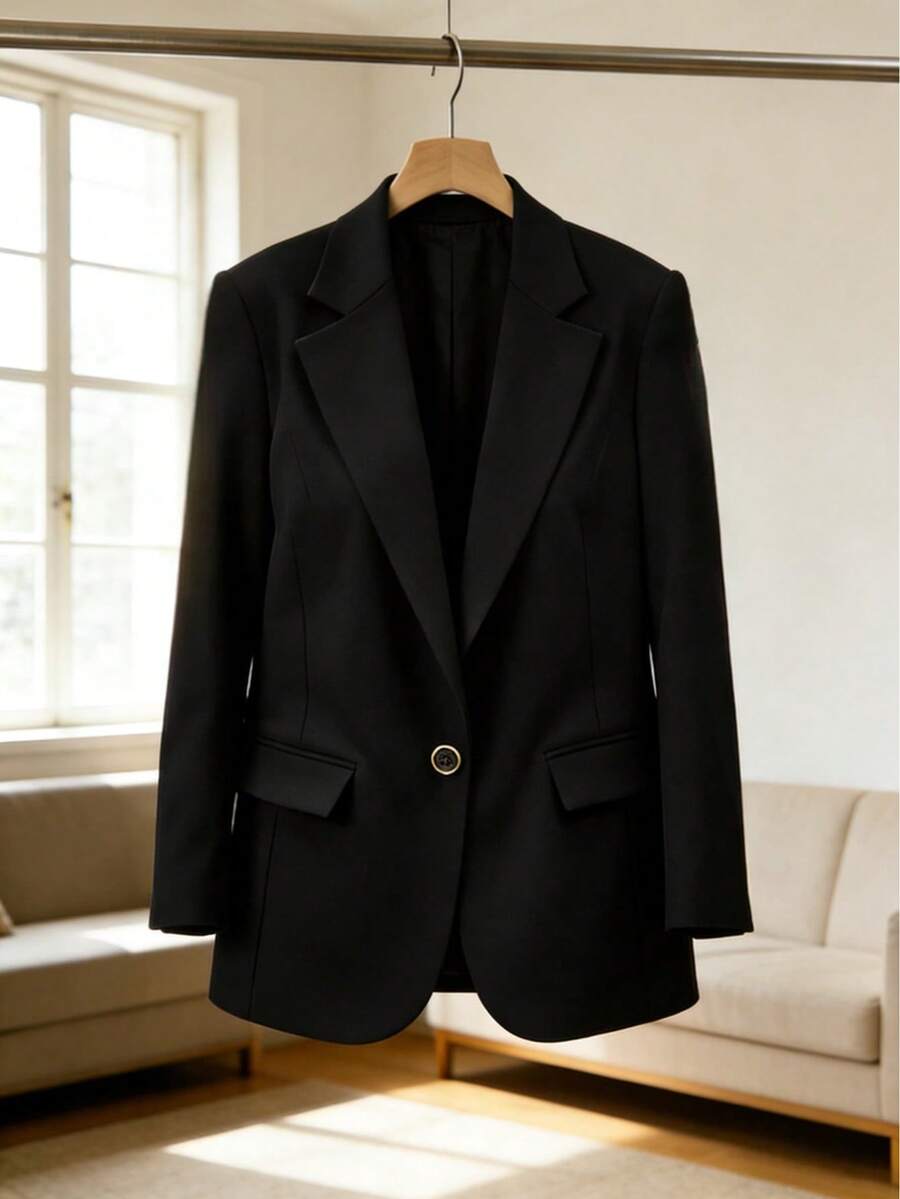 Zalla Women's Plus Size Blazer With Flap Pockets And Front Closure – Elegant Tailoring - 黑色 - 查看 1
