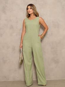 Elegant Linen Jumpsuit With Wide Legs And Discreet Pockets. - Sage Green - View 2
