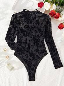 Bộ jumpsuit dài tay bằng vải lưới xuyên thấu màu đen, chất liệu nhung, họa tiết hoa, thích hợp cho tiệc tùng. - màu đen - Xem 9
