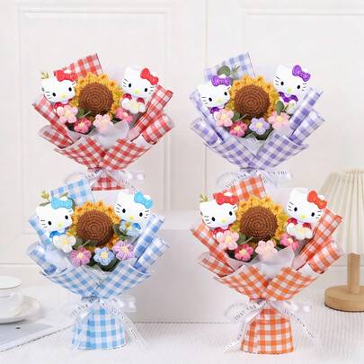  Sanrio Sunflower Bouquet, Hello Kitty Plaid Sunflower Bouquet, Hello Kitty Creative Flower Bouquet, Mother's Day Gift, Teacher's Day Gift, Hello Kitty Home & Wedding Decor, Living Room & Dining Table Centerpiece, Hello Kitty Outdoor Picnic Photography Prop, Suitable As Festival Gift For Mom And Teachers, Birthday Gift