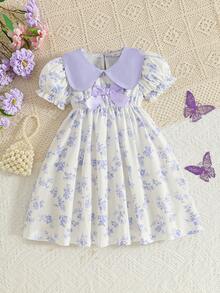 Summer Sweet Girls' Dress, Collar Lantern Sleeve Design, Floral Print Pattern, Bow Decor, Casual Fashionable Cute Girls' Dress, Suitable For Party, Dance, Daily Wear, Gift - Mauve Purple - View 1