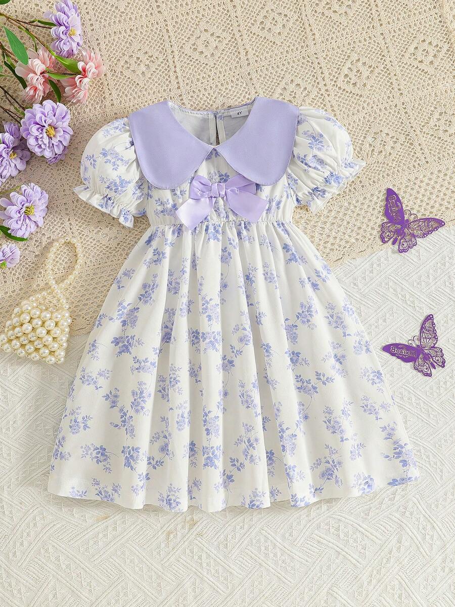 Summer Sweet Girls' Dress, Collar Lantern Sleeve Design, Floral Print Pattern, Bow Decor, Casual Fashionable Cute Girls' Dress, Suitable For Party, Dance, Daily Wear, Gift - Mauve Purple - View 1