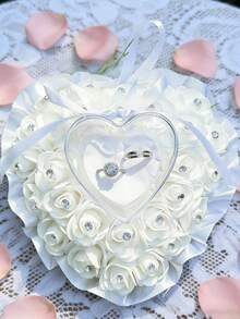 结婚戒指枕，戒枕，心形玫瑰蕾丝靠垫，适用于婚礼、派对和周年纪念日 - 1PC - 查看 2