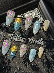 10pcs Handmade Full Coverage Almond Shaped Nail Tips, Blue Series, Decorated With Glitter, Rhinestones And Pearls, Reusable, Suitable For Spring/Summer, Y2K Luxury Ocean Style Fake Nails, Suitable For Party And Daily Wear, Comes With Jelly Glue And Nail File - Blue - View 3