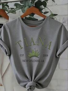 Women's Pure T-Shirt With New Orleans Mardi Gras Print (Tiara/Tiana/EST 2009) - Short Sleeve Round Neck Casual & Party Top, Breathable Summer Tee For Themed Events, Birthdays & Casual Attire Loose Fit Washed Short Sleeve T-Shirt, Street Style, Unisex, For Spring/Summer/Autumn,Valentines Day Outfit,Summer Outfits In Holiday Women T-Shirts - 灰色 - 查看 11