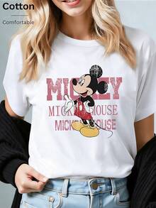 Disney Loose Fit Vintage Style Repeated MICKEY MOUSE Letter Mickey Print T-Shirt, Suitable For Summer And Spring, Short Sleeved Top, Women's Clothing, Holiday Gift Party Clothing. - 白色 - 查看 1