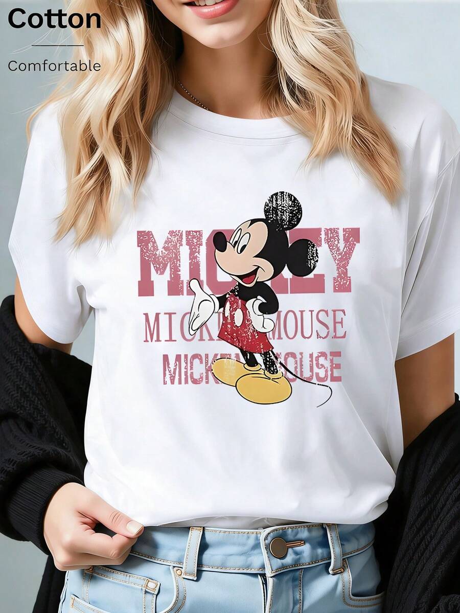 Disney Loose Fit Vintage Style Repeated MICKEY MOUSE Letter Mickey Print T-Shirt, Suitable For Summer And Spring, Short Sleeved Top, Women's Clothing, Holiday Gift Party Clothing. - 白色 - 查看 1