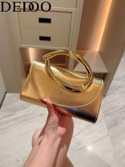 Dedoo 1 pieza Bolso de mano mini con decoración de metal de moda, bolso de mujer con acento de barra de metal brillante, adecuado para vestido de noche, fiesta, boda, baile de graduación, con cadena de metal