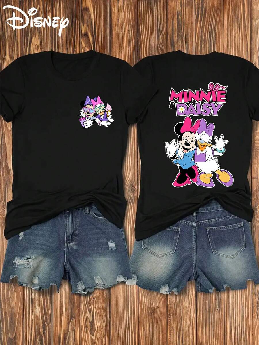 Disney Minnie And Daisy Printed Casual Short Sleeved T-Shirt | Soft And Elastic, Fashionable Round Neck, Front And Back Prints, Women'S Summer Top - 黑色 - 查看 1