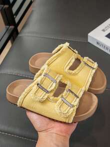 1 Pair Girls' Soft Sole Non-Slip Hook And Loop Strap Sandals, Fashionable Flat Open Toe Comfortable Versatile Outdoor Slippers, Suitable For Summer - Kuning - View 5