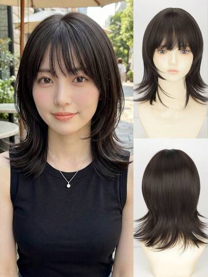 16-Inch High Quality Synthetic Fiber Wolf Tail Short Wig With Bangs, Naturally Fluffy Texture, Suitable For Daily Wear, Halloween, Music Festivals, Anime Cosplay Or Outfit Matching (Accessories Not Included)