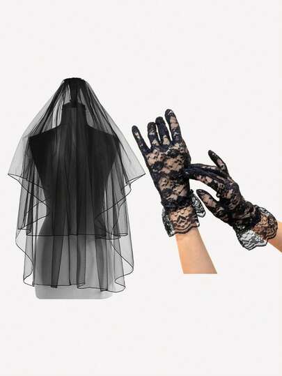 1pc Black Lace Multi-Layer Wedding Bridal Veil With Gloves