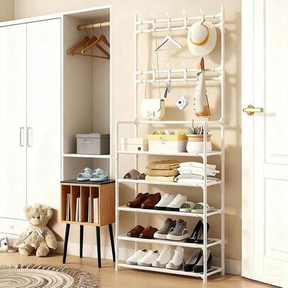 5-Tier Multifunctional Entryway Storage Rack - Heavy-Duty Shoe Rack And Coat Hooks, Space-Saving Independent Storage Cabinet, Suitable For Hallways, Living Rooms, Bedrooms, Modern Minimalist Style Entryway Furniture - Black