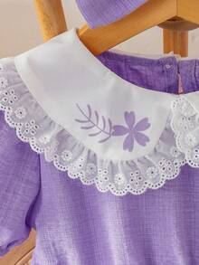 Lindo vestido morado con mangas abullonadas y pliegues para bebé niña (incluye diadema con lazo), cuello con ribete de encaje y estampado de plantas, vestido estilo princesa dulce y diadema, set de 2 piezas - Púrpura malva - Ver 9