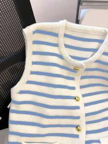 Spring/Summer New Women Sleeveless Striped Waistcoat Versatile Rejuvenating Layered Metal Button Knit Cardigan Vest - Blue Stripes - View 6